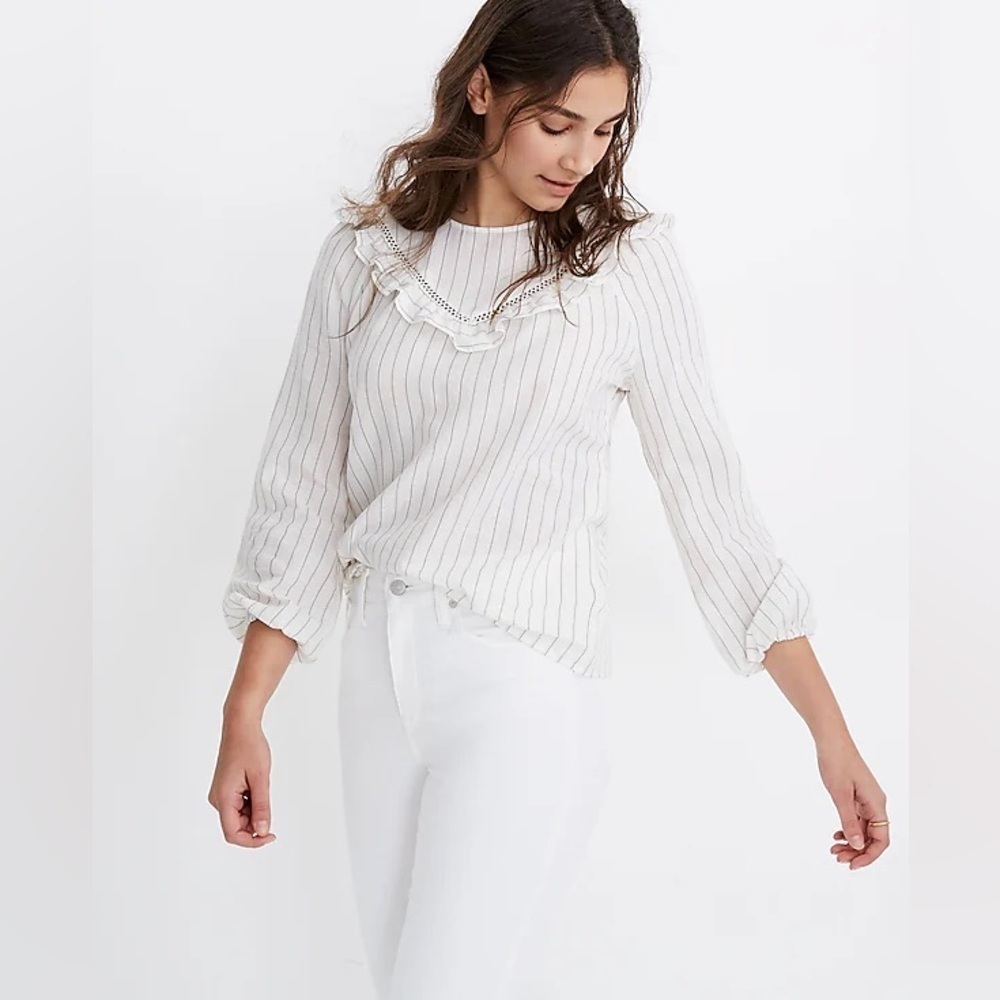 Madewell Ruffle Yoke Prairie Top in Pinstripe